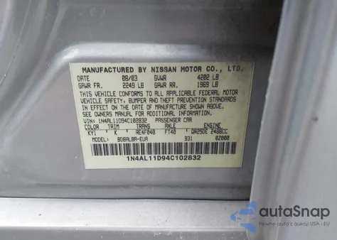 2004 Nissan Altima 2.5 S из США, поврежденный, VIN 1N4AL11D94C102832